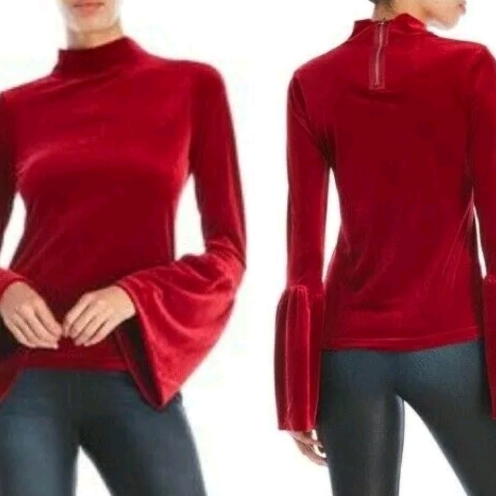 EUC Torn by Ronny Kobo Red Velvet Top Mockneck and Bell sleeves